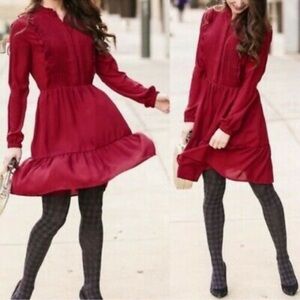 J. CREW Burgundy Red Long Sleeve Ruffle Tiered Mini Dress Size 14